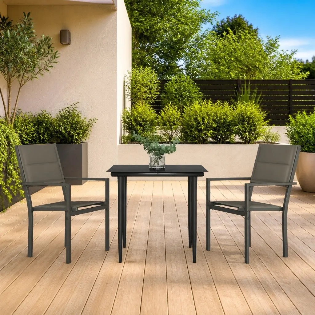 Garden Dining Set Outdoor Furniture 3 Piece Black Steel Textilene Chairs Table