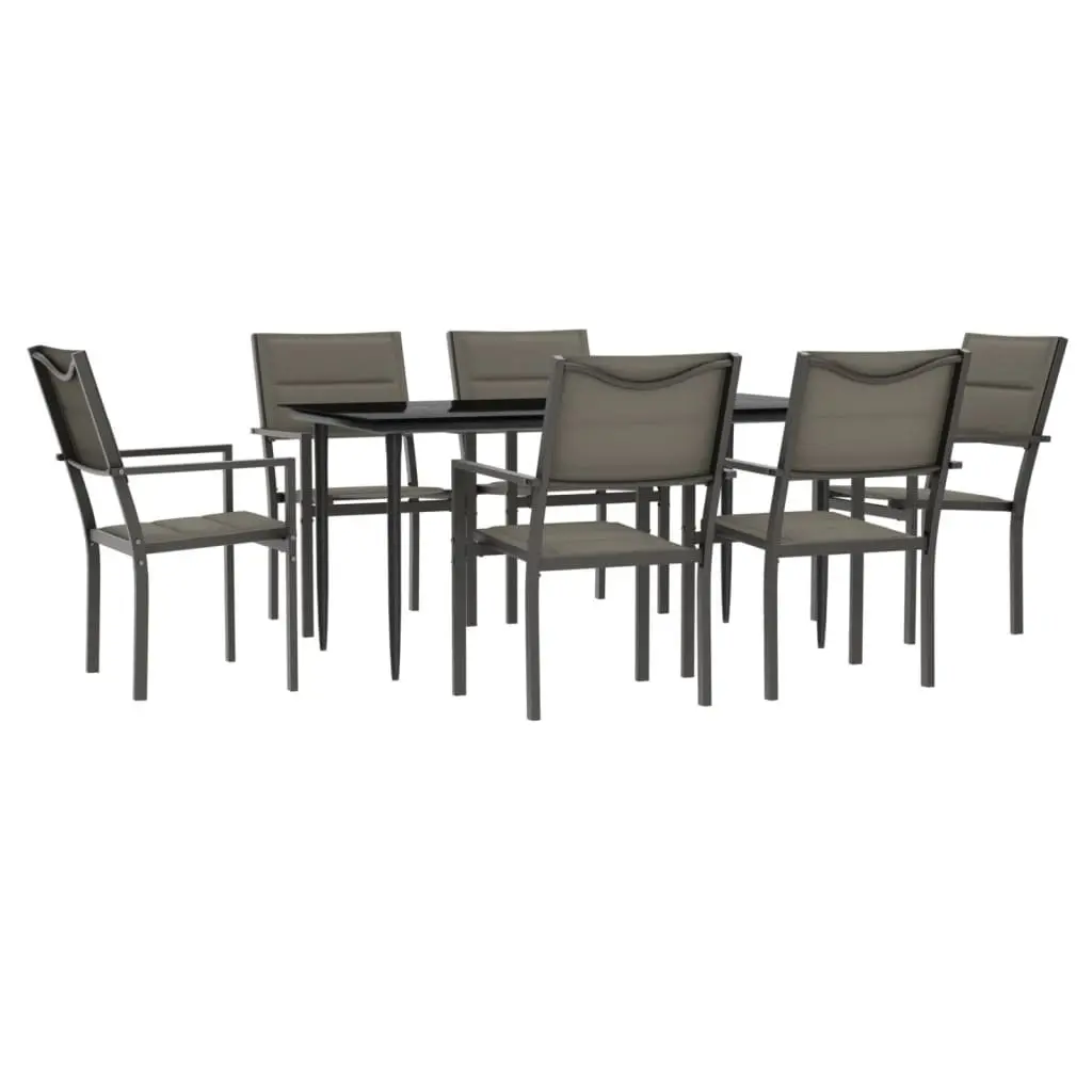 7 Piece Outdoor Dining Set Patio Garden Black Steel Frame Textilene Chairs Glass Table