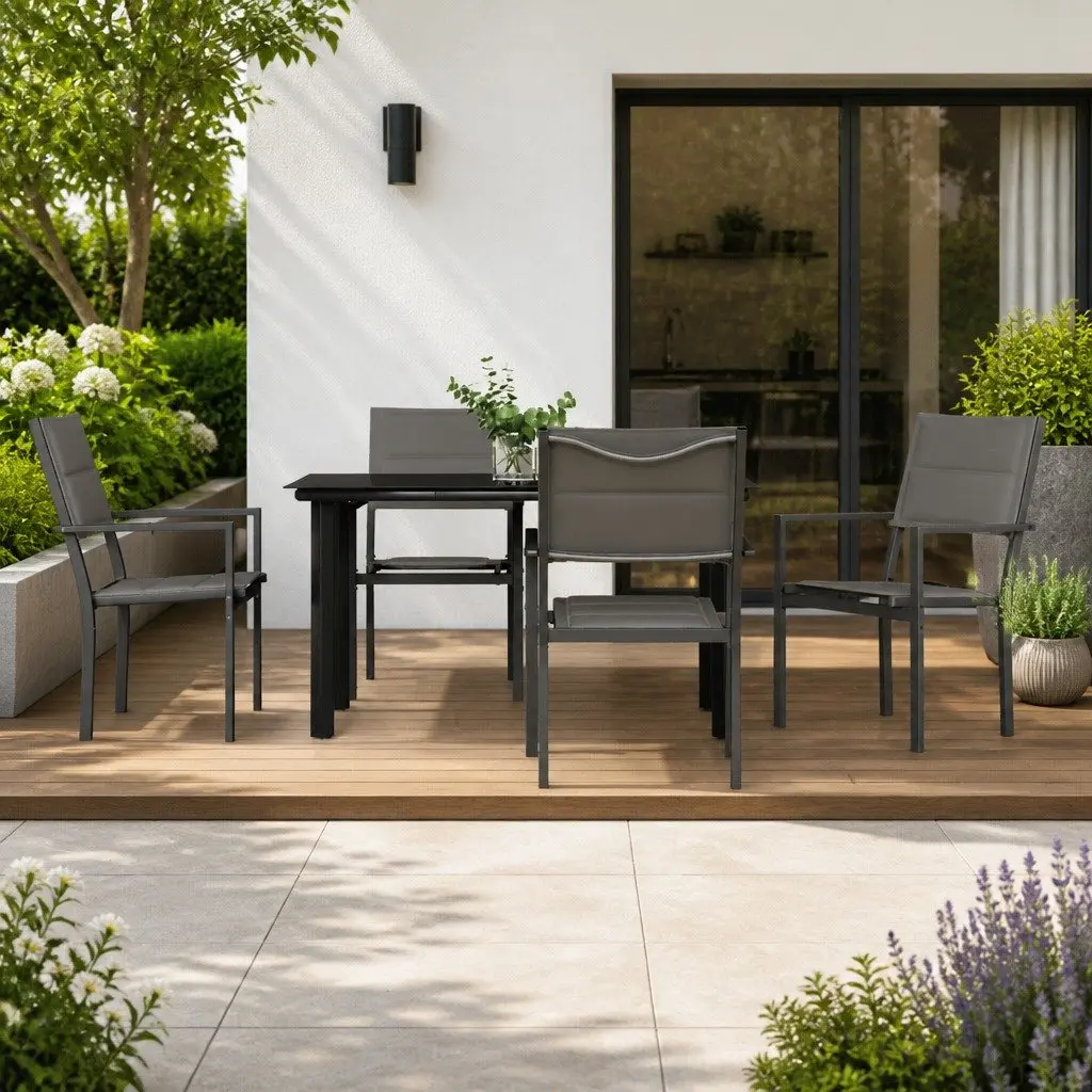 5 Piece Outdoor Dining Set with Black Steel Frame Textilene Chairs and Tempered Glass Table for Patio Use