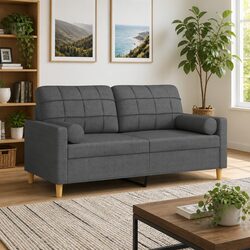 2-Seater Sofa Grey Fabric Modern Lounge with Throw Pillows 140cm Living Room