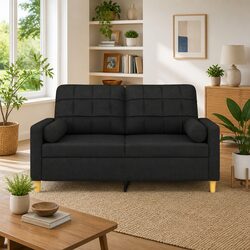 2-Seater Sofa Black Fabric Modern Lounge with Throw Pillows 140cm Living Room