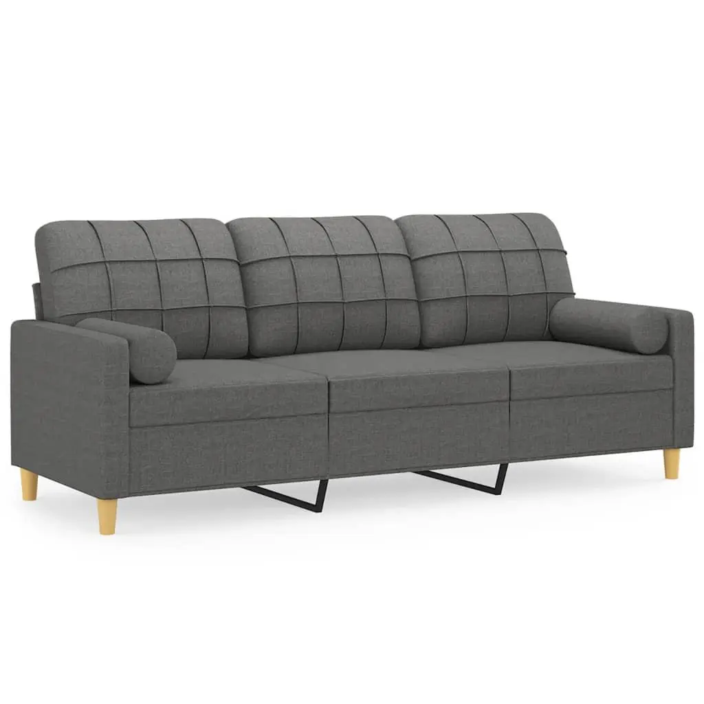 3-Seater Sofa Grey Fabric Modern Lounge with Throw Pillows 180cm Living Room