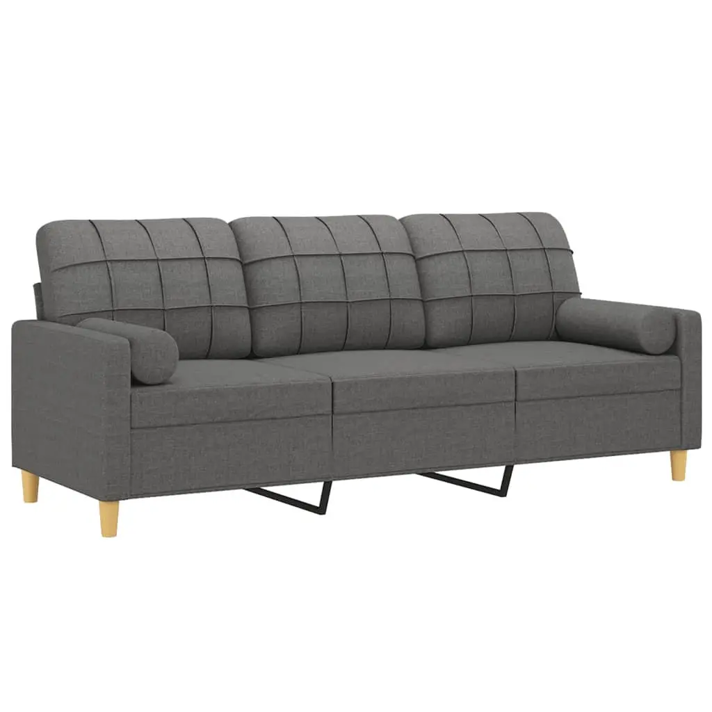 3-Seater Sofa Grey Fabric Modern Lounge with Throw Pillows 180cm Living Room