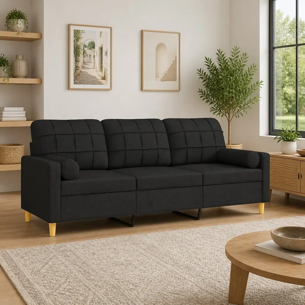 3-Seater Sofa Black Fabric Modern Lounge Couch 180cm Living Room