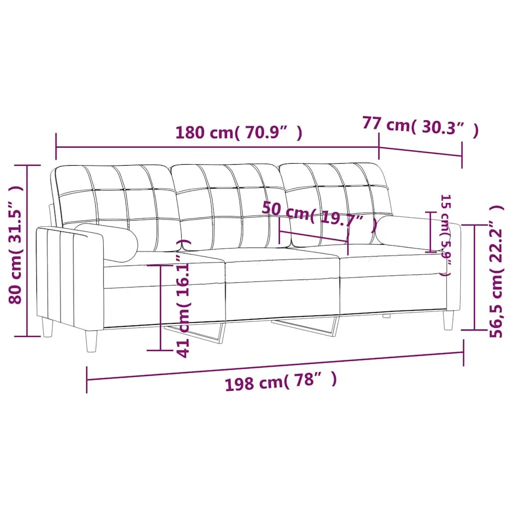 3-Seater Sofa Black Fabric Modern Lounge Couch 180cm Living Room