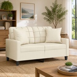 2-Seater Sofa with Throw Pillows Modern Lounge Couch Cream Faux Leather 120cm