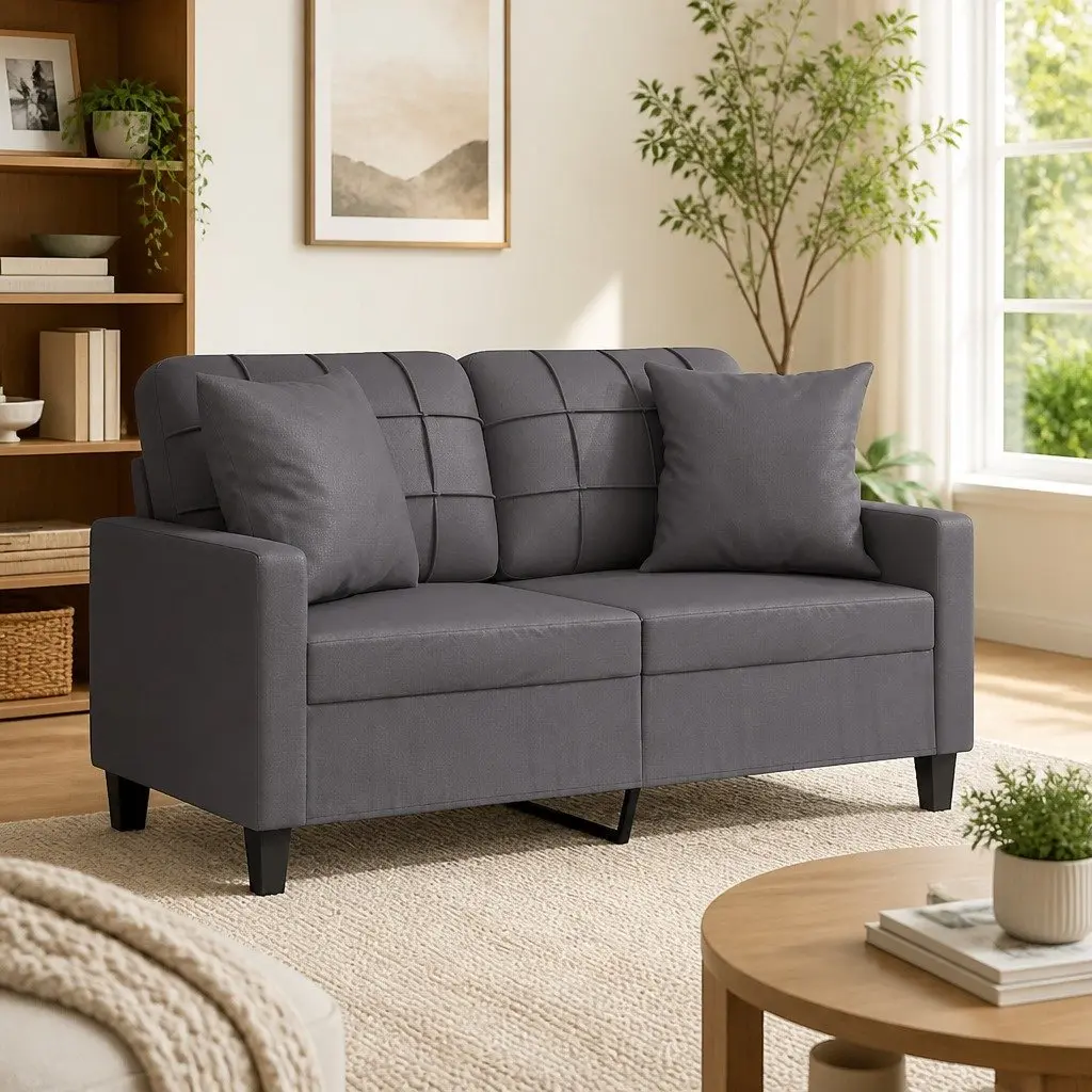 Grey Faux Leather 2-Seater Sofa with Pillows