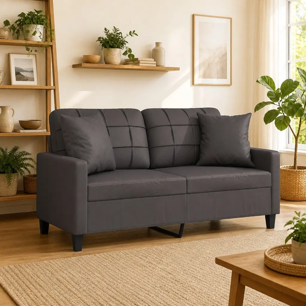 2-Seater Sofa Grey Faux Leather Lounge Couch 140cm Living Room