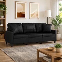 3-Seater Sofa in Black Faux Leather with Included Pillows
