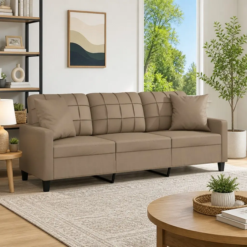 Brown Faux Leather Modern 3 Seater Sofa for Living Room 180cm with Throw Pillows