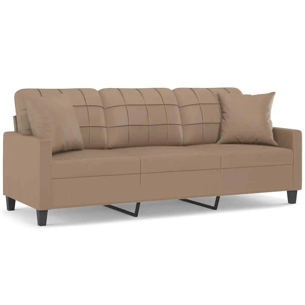 Brown Faux Leather Modern 3 Seater Sofa for Living Room 180cm with Throw Pillows
