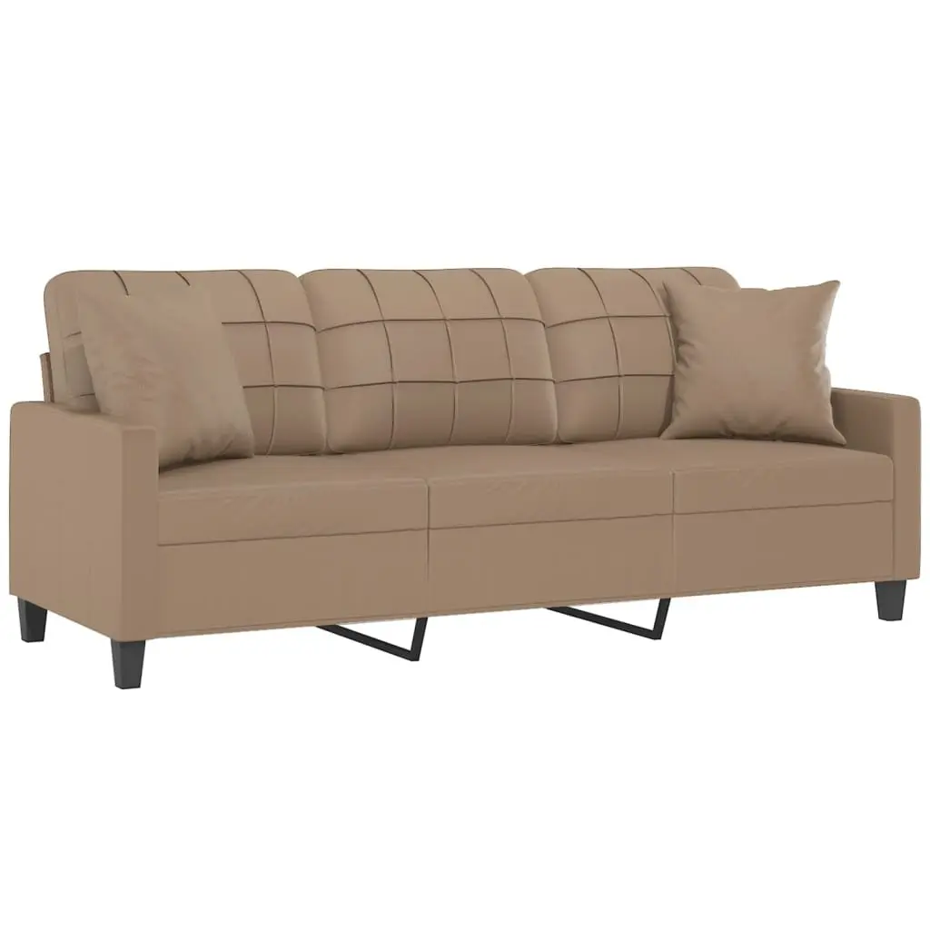 Brown Faux Leather Modern 3 Seater Sofa for Living Room 180cm with Throw Pillows