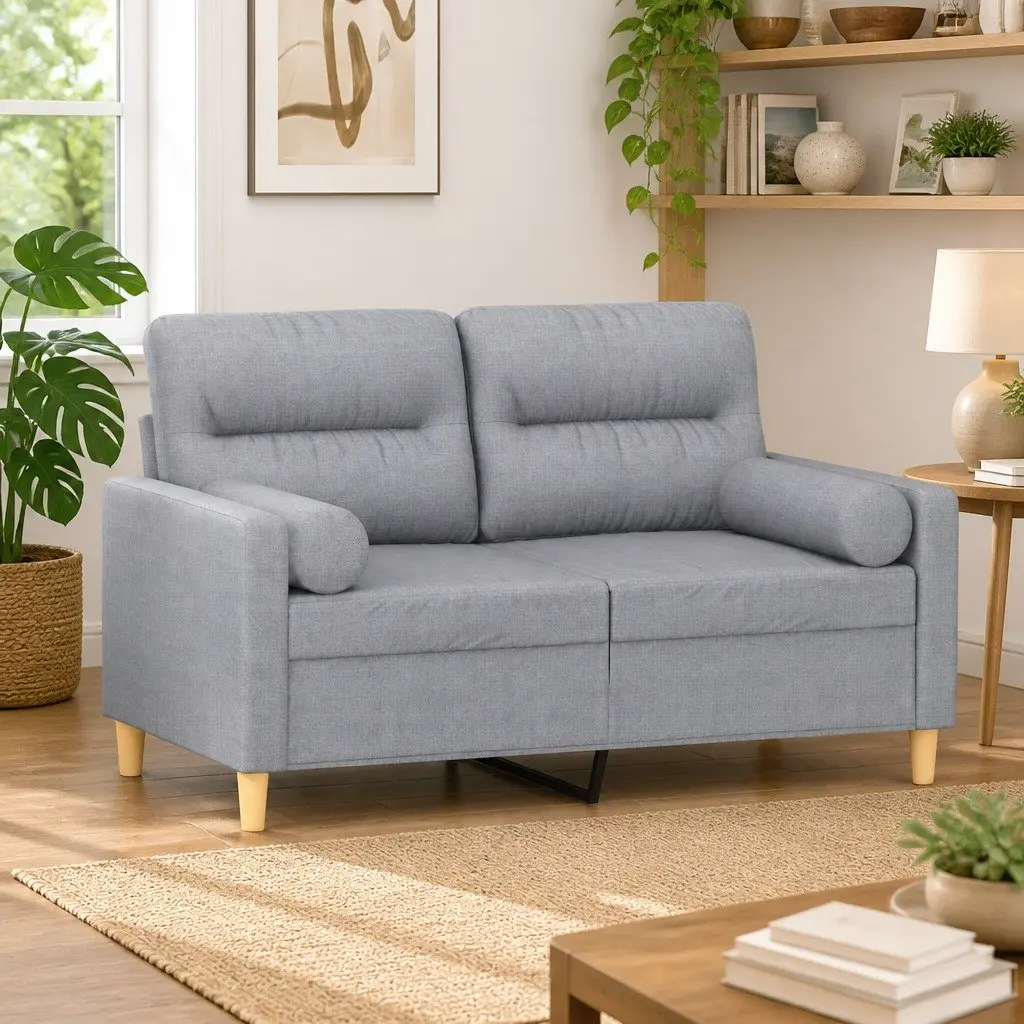 2-Seater Sofa Light Grey Fabric Modern Lounge Couch with Throw Pillows 120cm