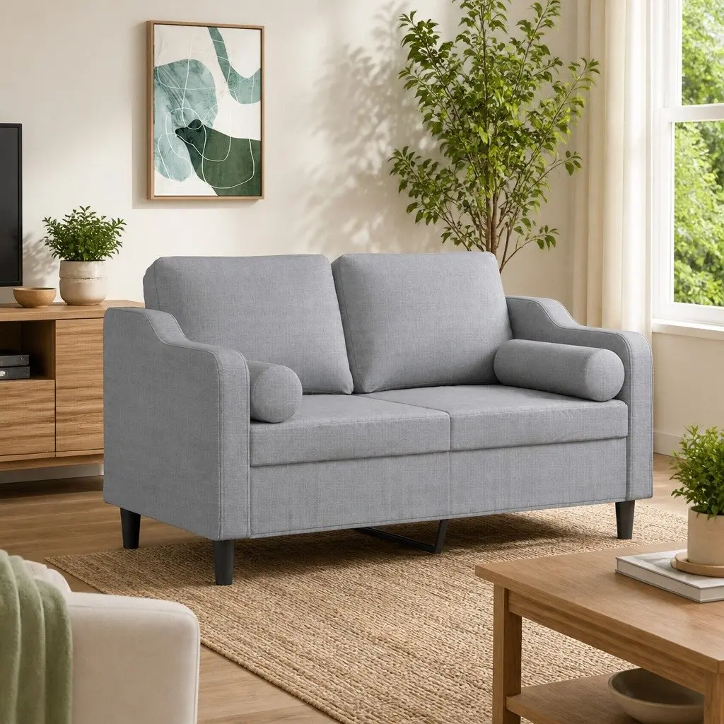 Grey 2-Seater Sofa with Throw Pillows