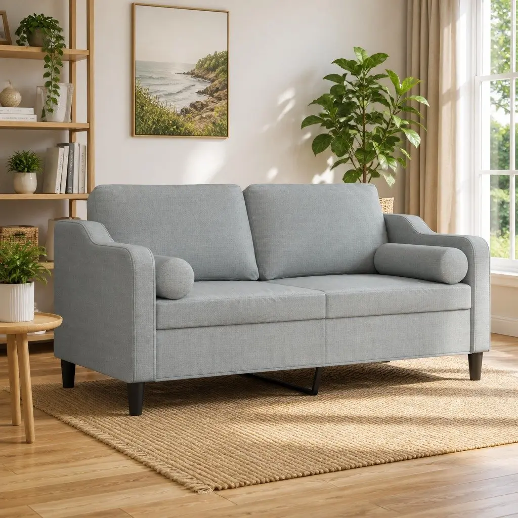2-Seater Sofa Living Room Light Grey 140cm Fabric Couch with Throw Pillows