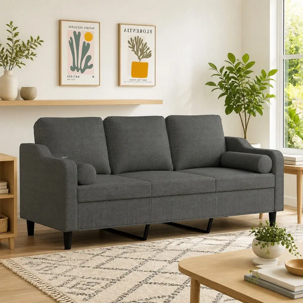 3-Seater Sofa Living Room Grey Fabric 180cm