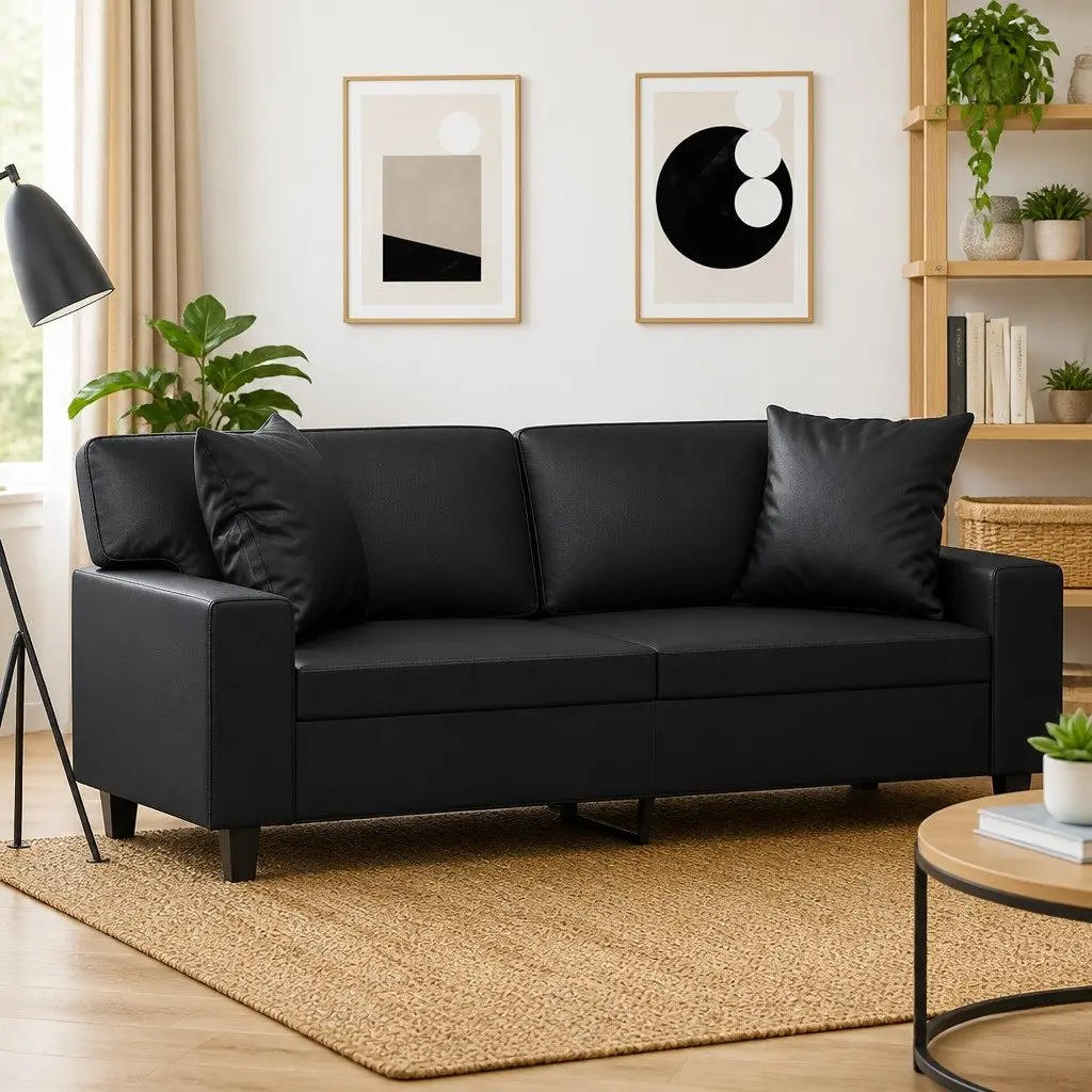 Black Faux Leather Lounge Couch 2-Seater 140cm with Throw Pillows