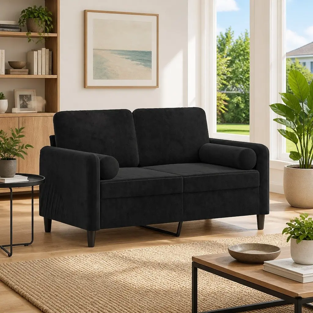 2-Seater Sofa Black 120cm with Throw Pillows