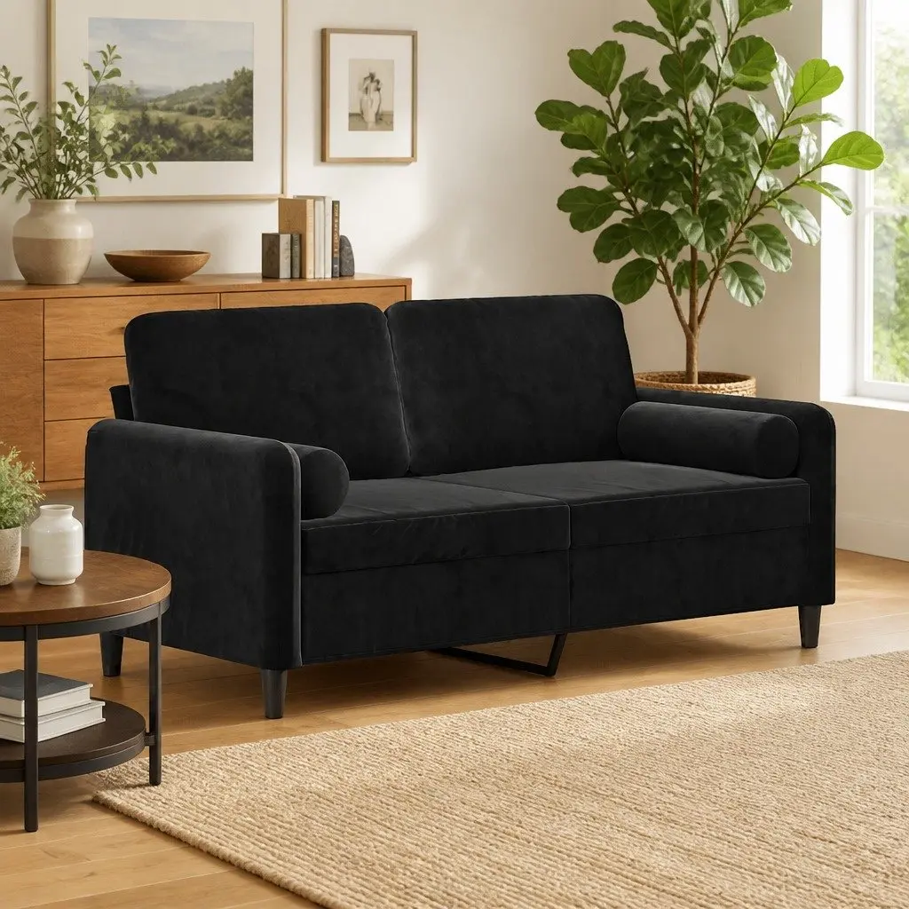 Velvet Couch for Lounge 140cm Black 2-Seater with Removable Throw Pillows