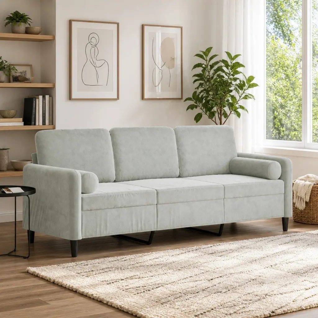 Velvet 3-Seater Sofa for Lounge 180cm in Grey with Throw Pillows
