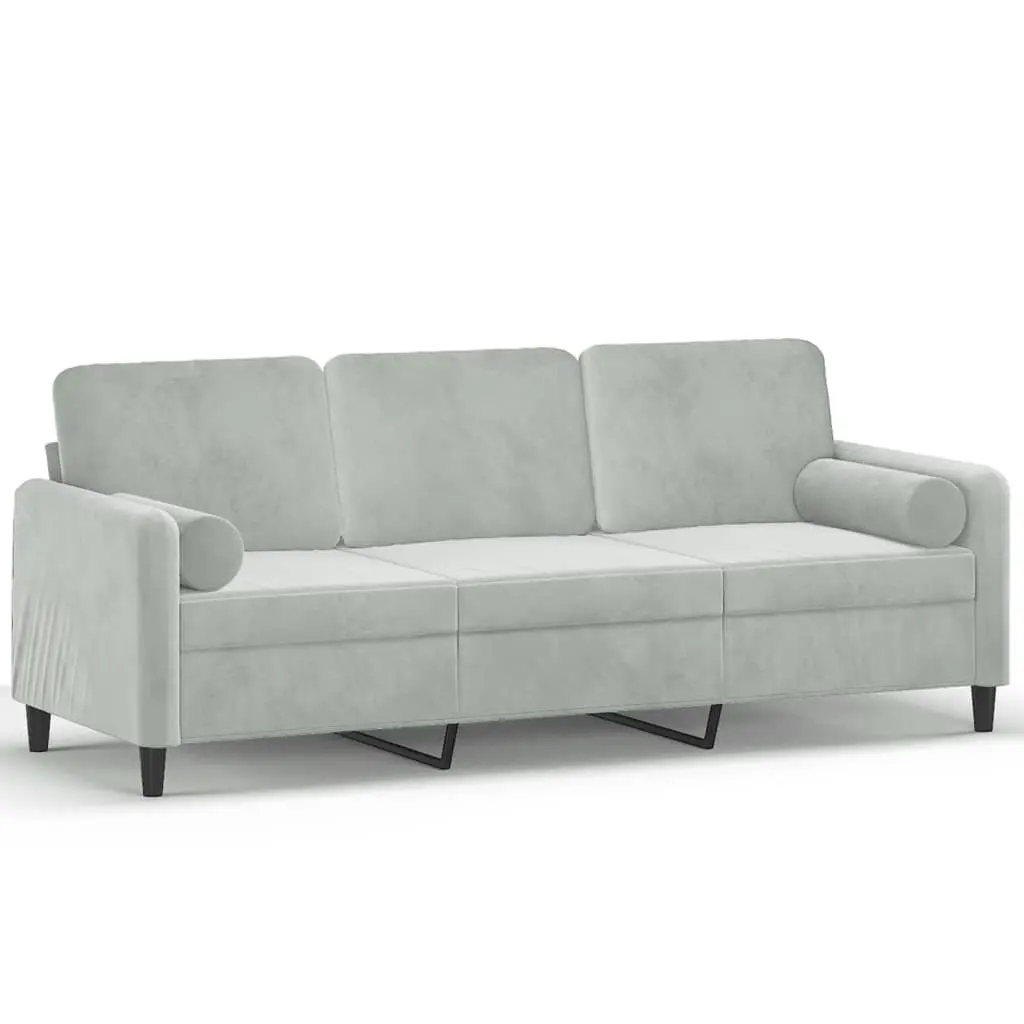Velvet 3-Seater Sofa for Lounge 180cm in Grey with Throw Pillows