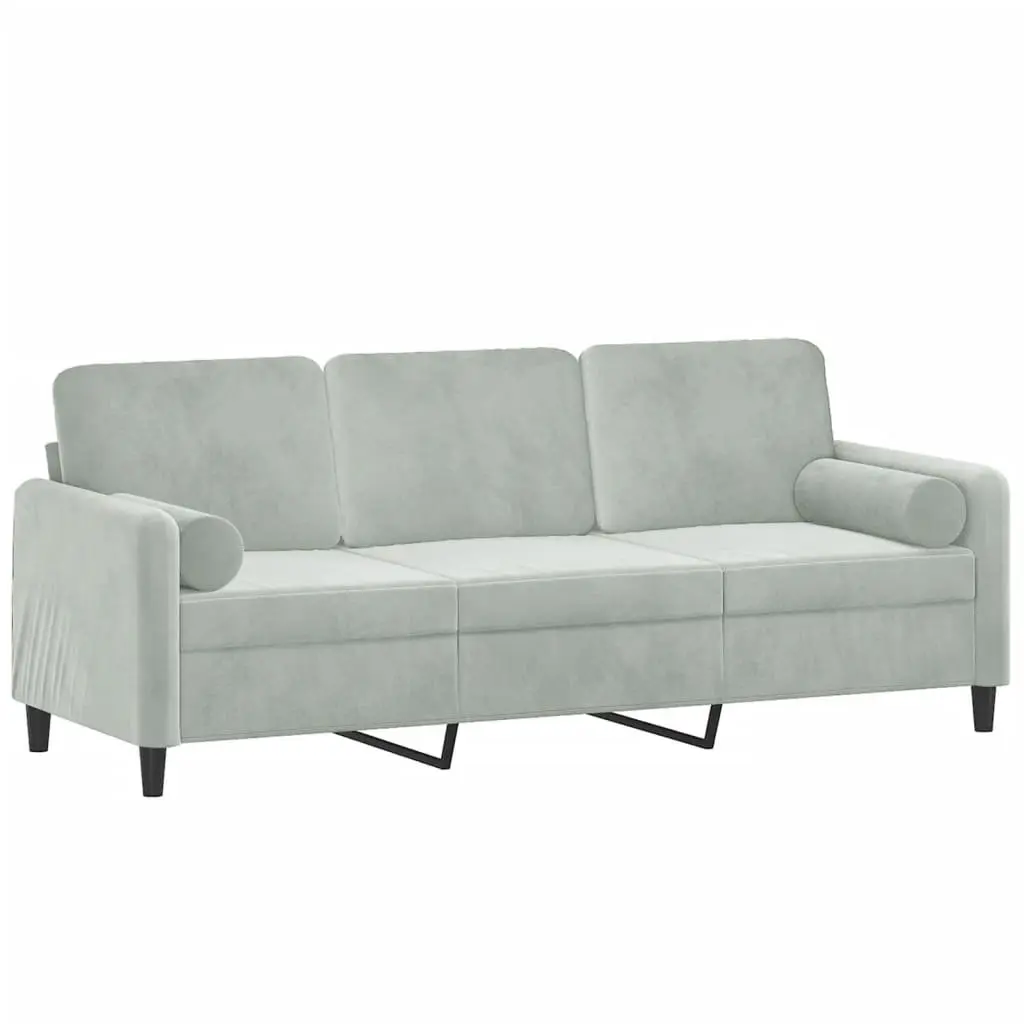 Velvet 3-Seater Sofa for Lounge 180cm in Grey with Throw Pillows