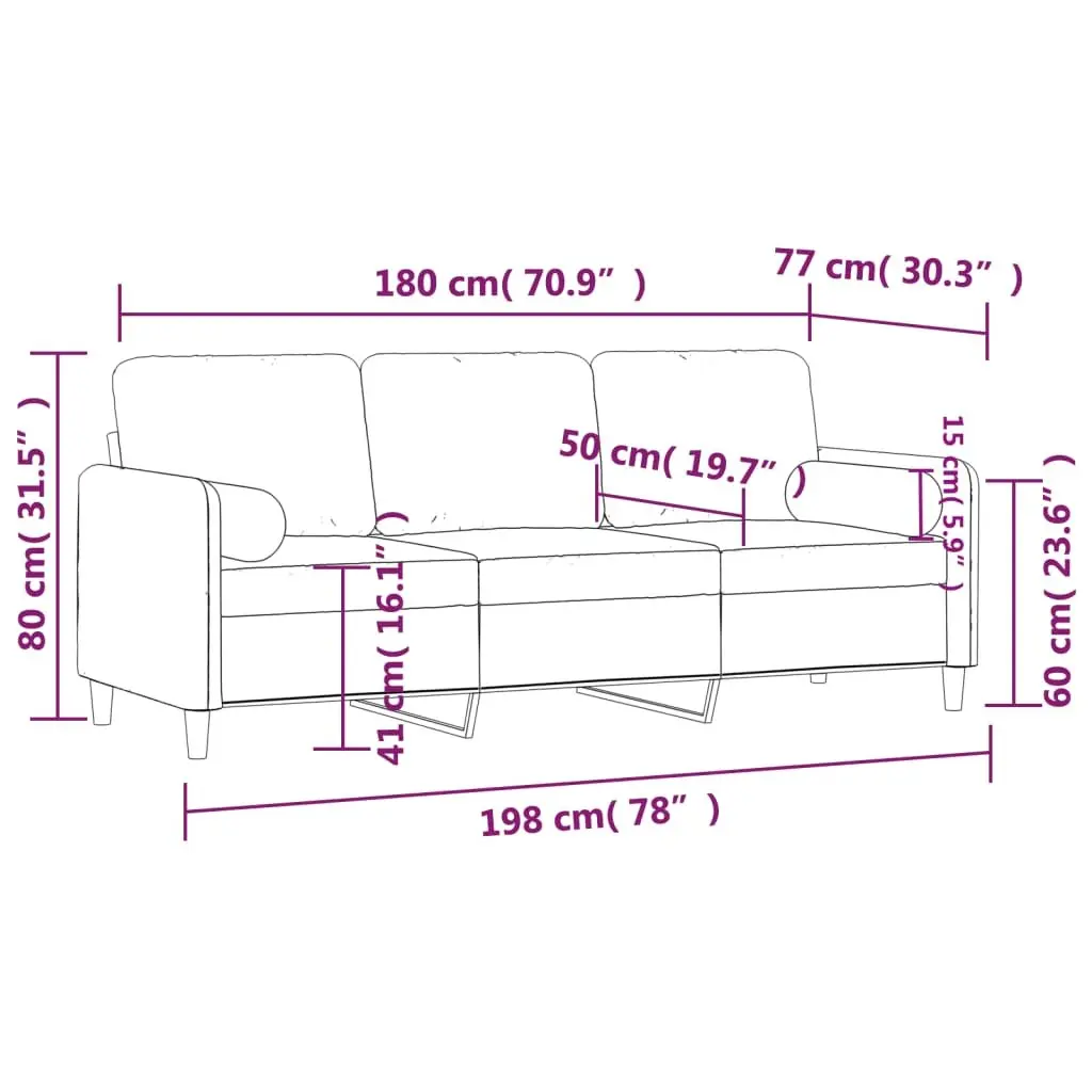 Velvet 3-Seater Sofa for Lounge 180cm in Grey with Throw Pillows