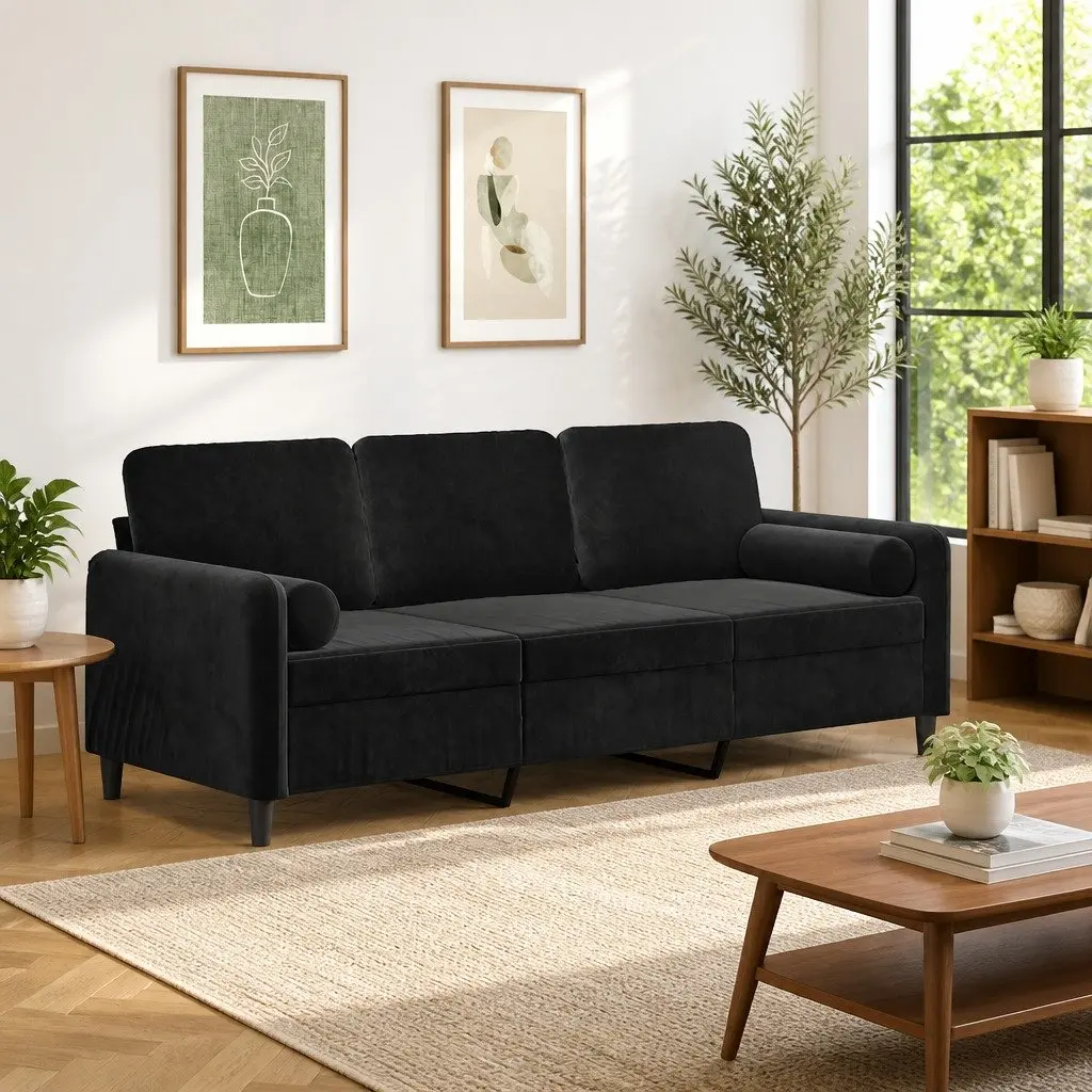 Black Velvet 3-Seater Lounge Sofa 180cm Modern Couch with Armrest and Throw Pillows