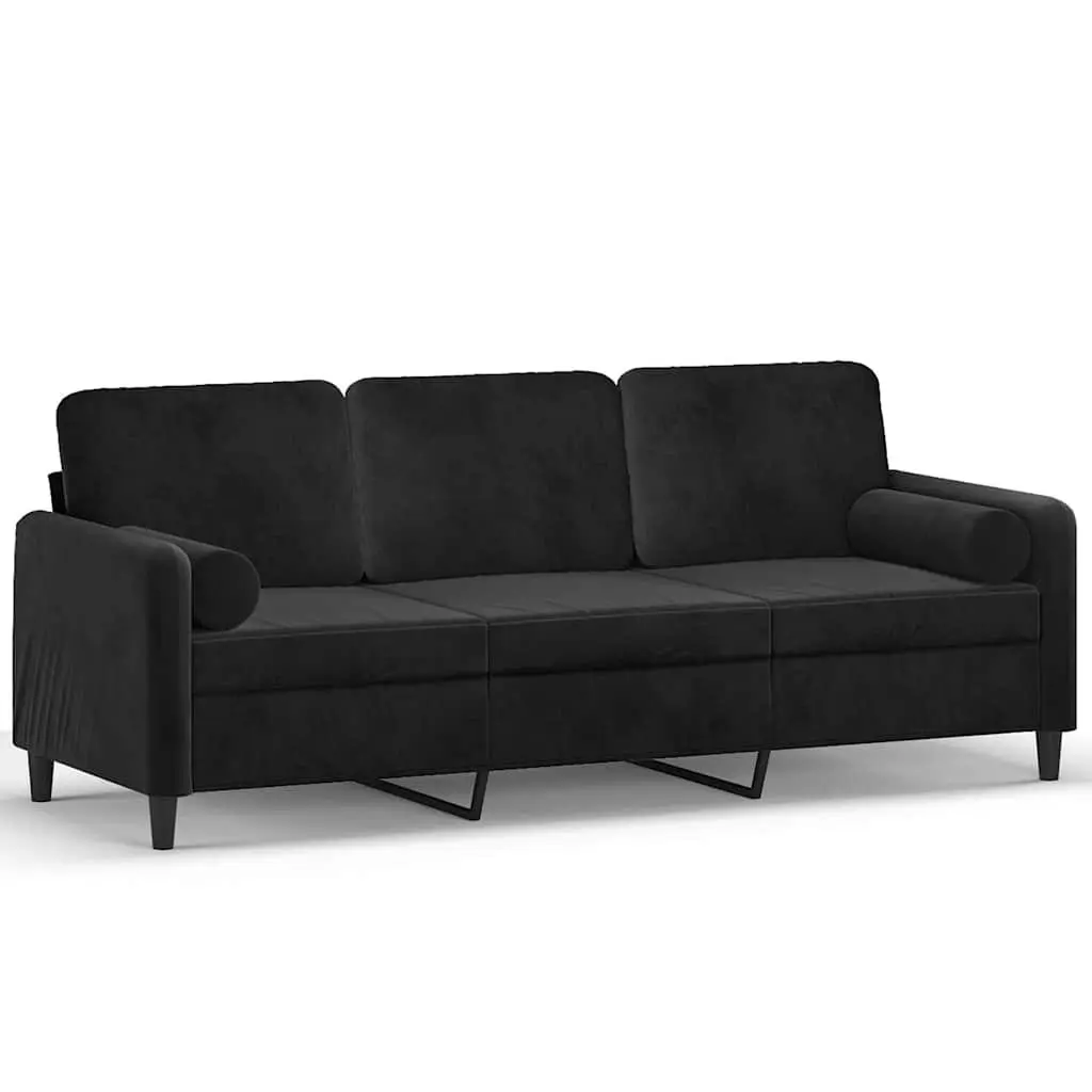 Black Velvet 3-Seater Lounge Sofa 180cm Modern Couch with Armrest and Throw Pillows