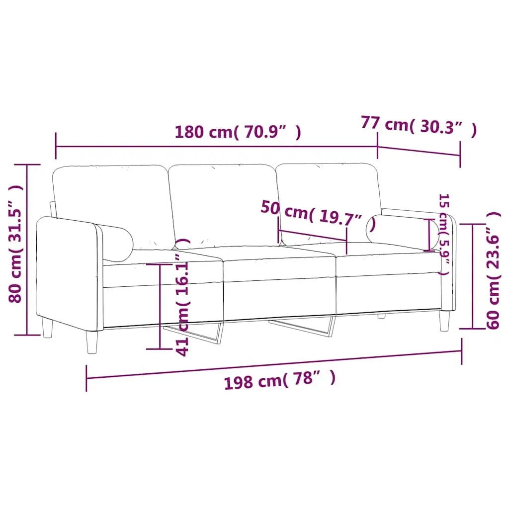 Black Velvet 3-Seater Lounge Sofa 180cm Modern Couch with Armrest and Throw Pillows