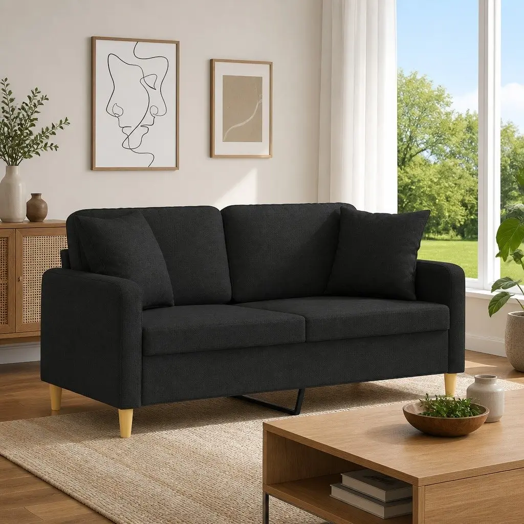 Lounge Couch Black Fabric 2-Seater 140cm with Padded Seating and Throw Pillows