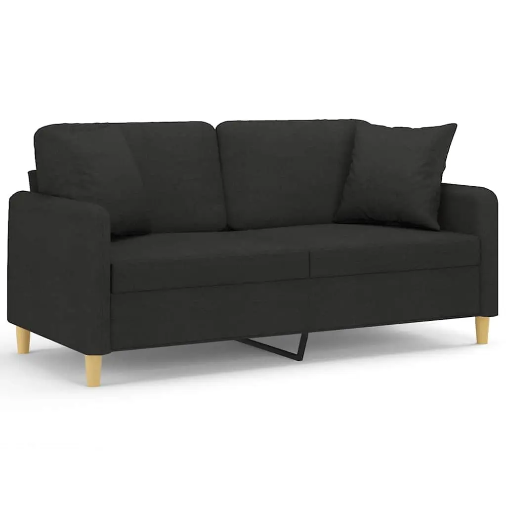 Lounge Couch Black Fabric 2-Seater 140cm with Padded Seating and Throw Pillows
