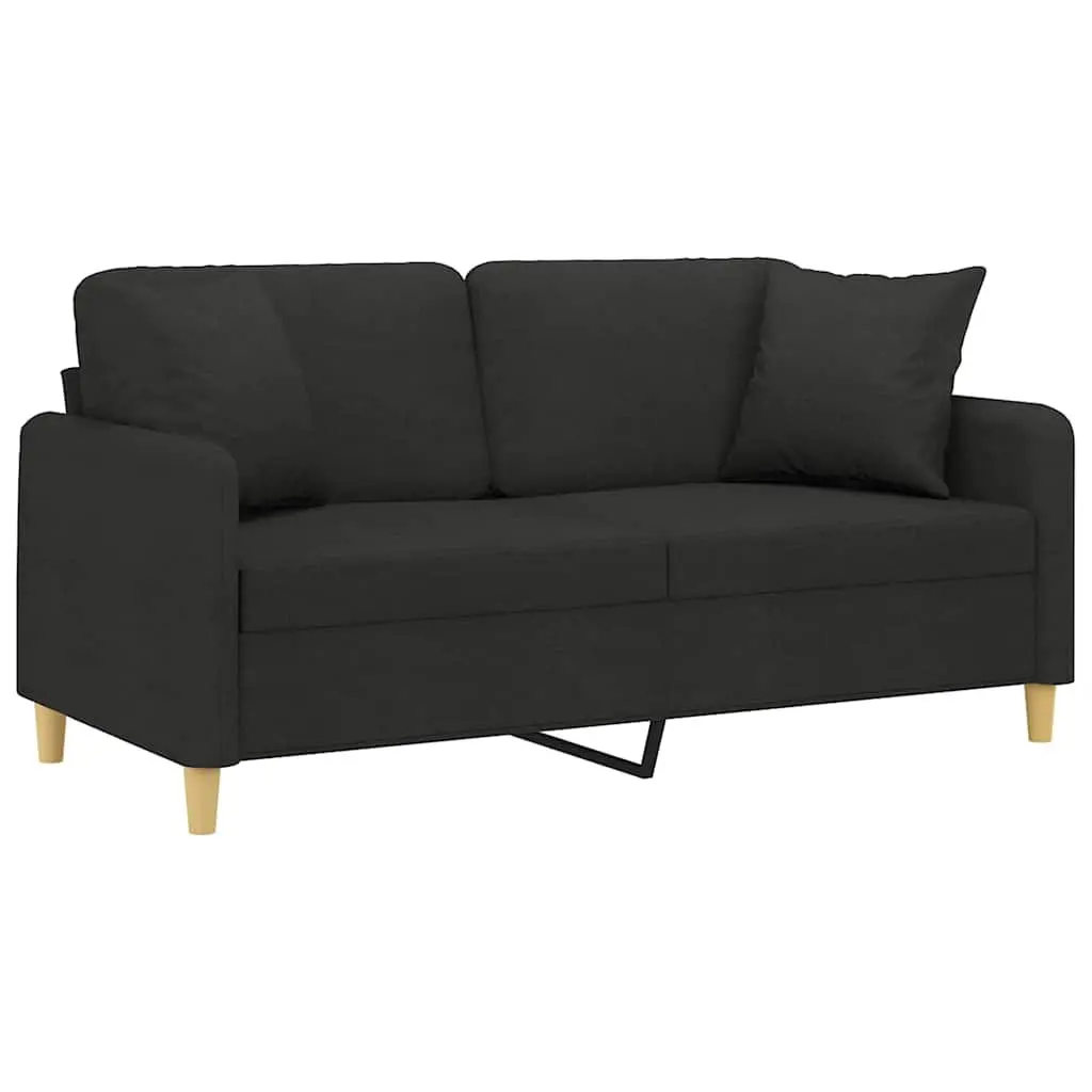 Lounge Couch Black Fabric 2-Seater 140cm with Padded Seating and Throw Pillows