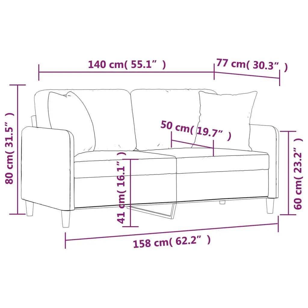 Lounge Couch Black Fabric 2-Seater 140cm with Padded Seating and Throw Pillows