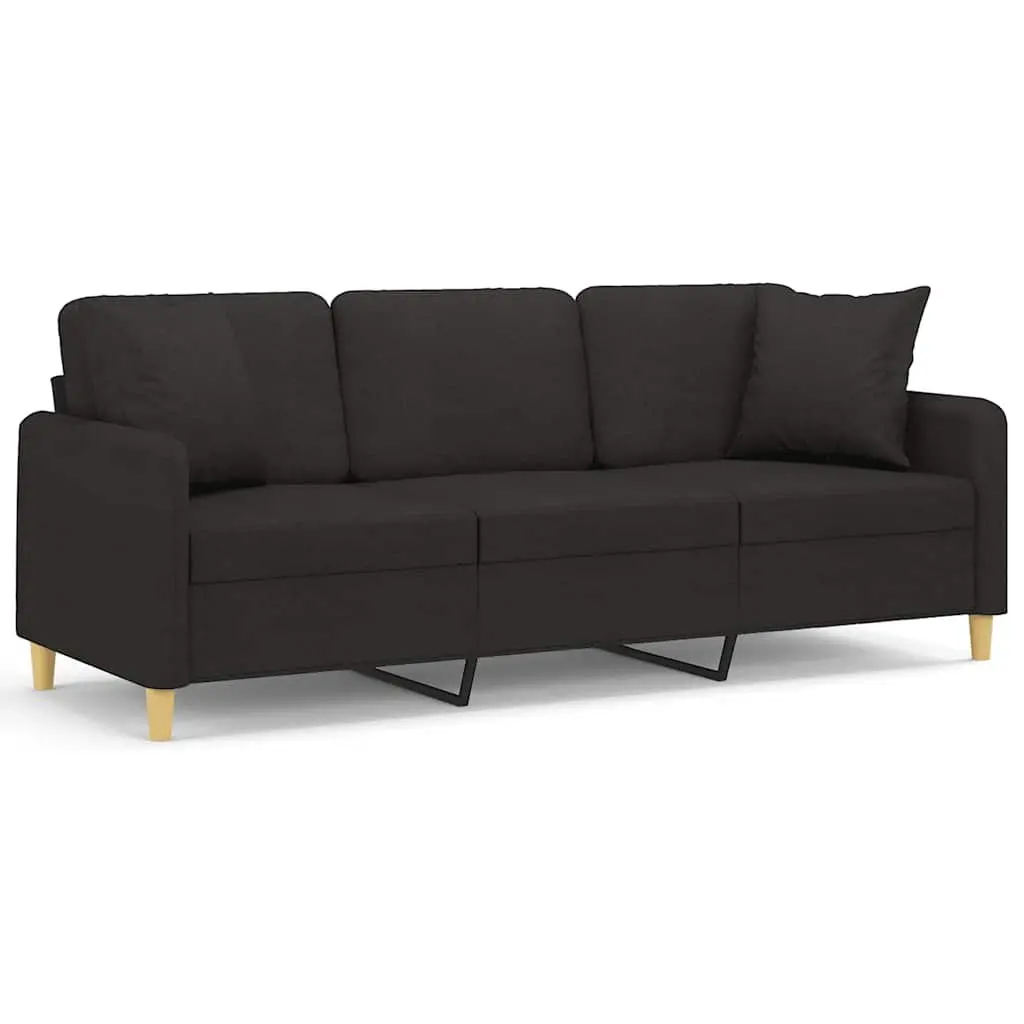 3-Seater Sofa Modern Design Black Fabric Lounge Couch with Throw Pillows 180cm