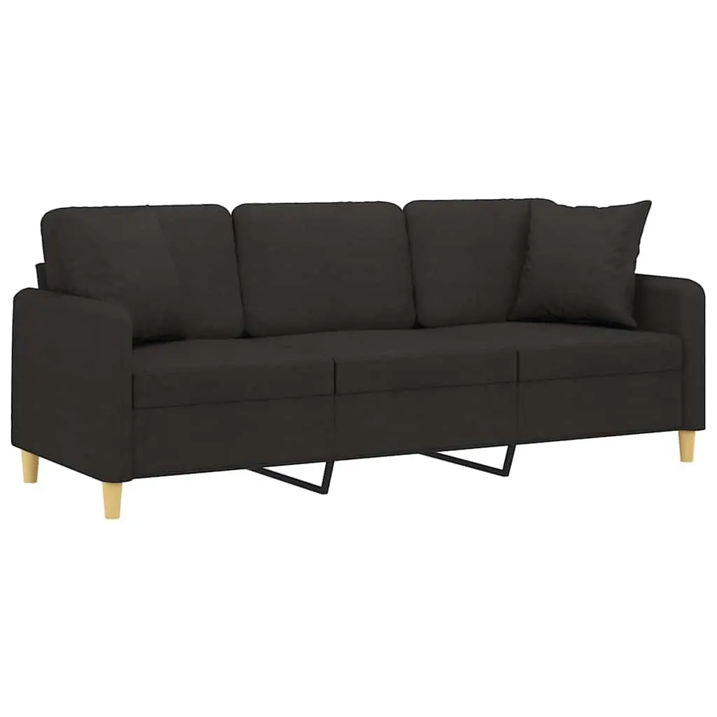 3-Seater Sofa Modern Design Black Fabric Lounge Couch with Throw Pillows 180cm