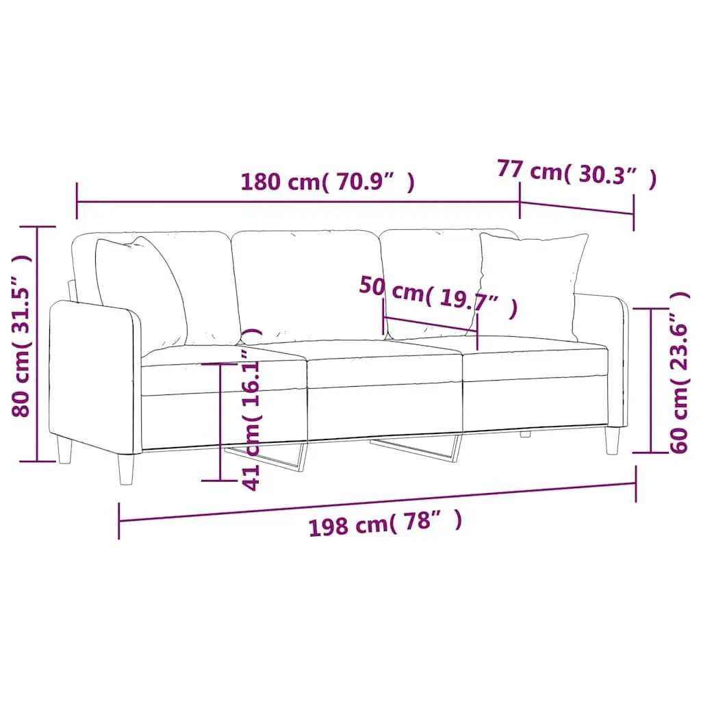 3-Seater Sofa Modern Design Black Fabric Lounge Couch with Throw Pillows 180cm