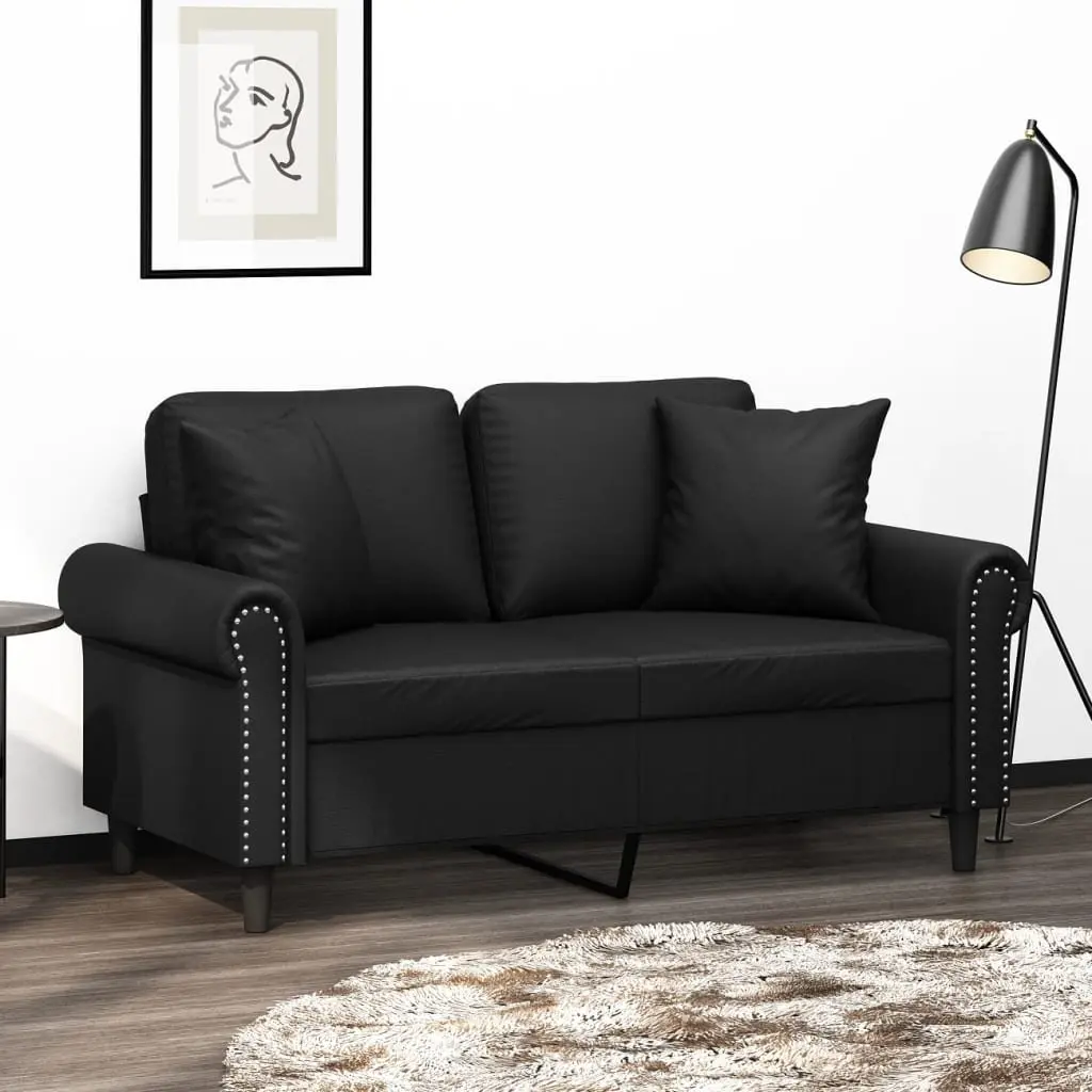 Black Faux Leather 2-Seater Sofa Modern Lounge 120cm with Cushions