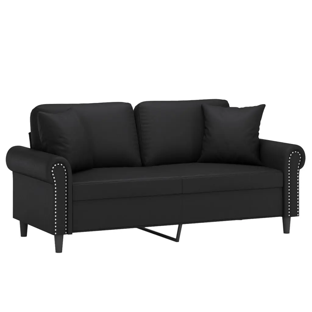 Faux Leather 2-Seater Sofa for Lounge Black 140cm with Throw Pillows
