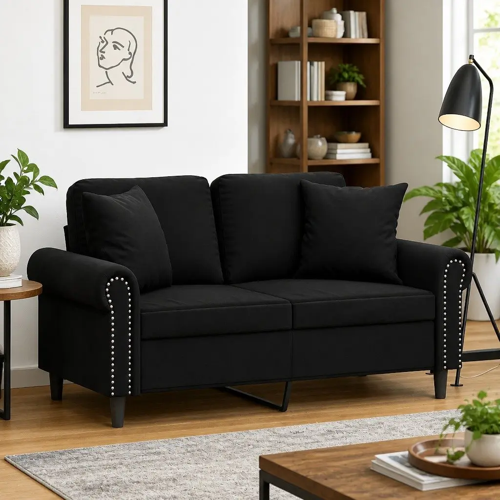 2-Seater Sofa for Living Room Black Velvet 120cm Modern Couch with Throw Pillows
