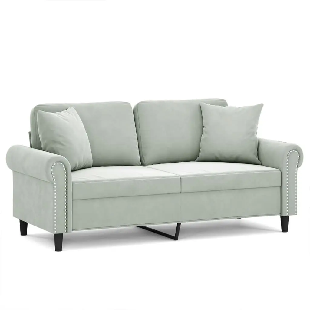 2-Seater Sofa Grey Velvet Modern Living Room Furniture with Throw Pillows 140cm