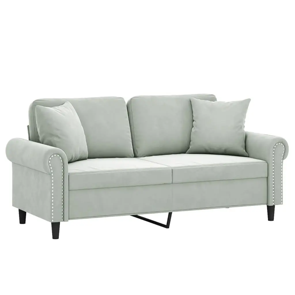 2-Seater Sofa Grey Velvet Modern Living Room Furniture with Throw Pillows 140cm