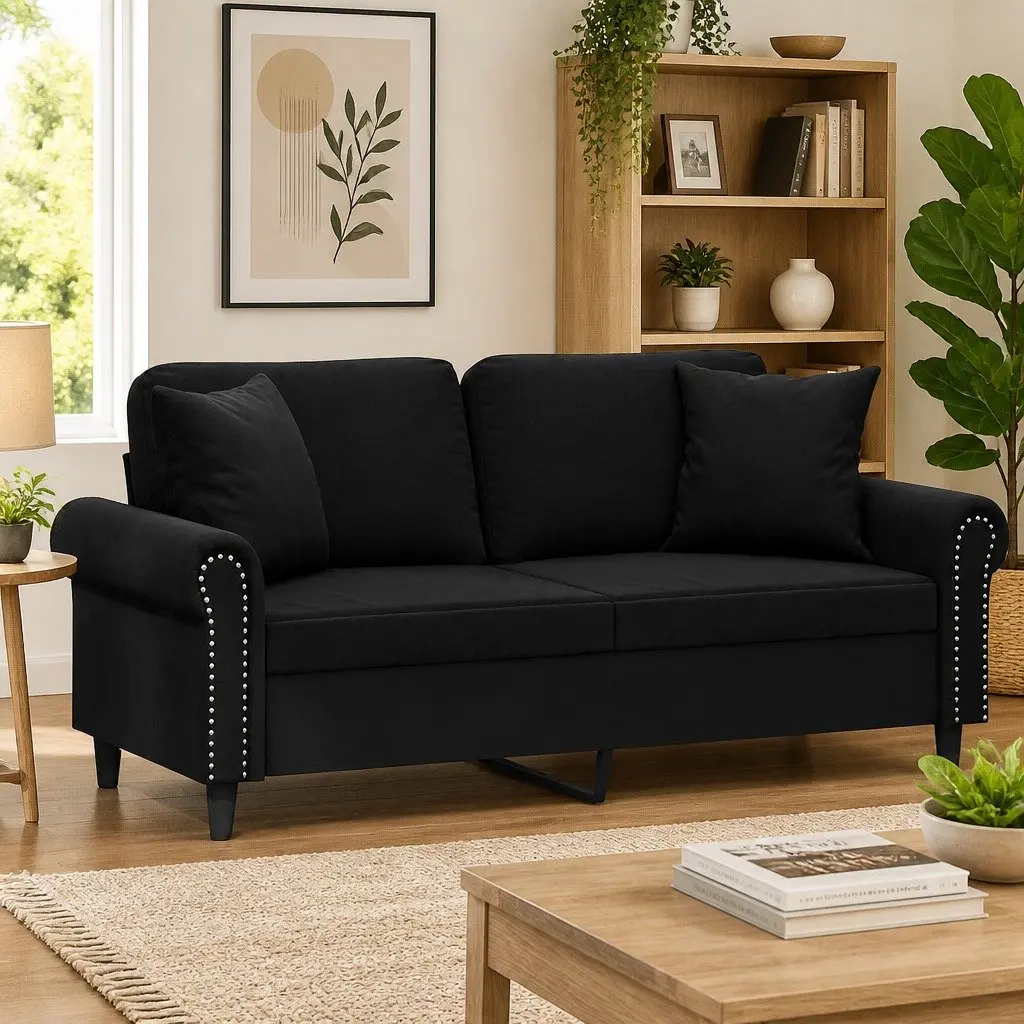 2-Seater Sofa Black 140cm with Throw Pillows