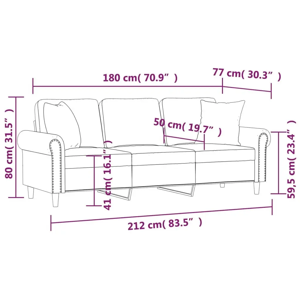 3-Seater Sofa Living Room Furniture Grey Velvet 180cm