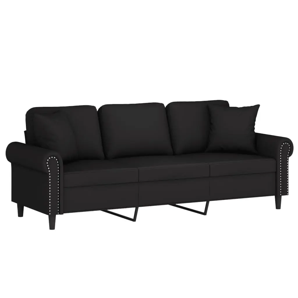 Velvet Couch Black 180cm 3-Seater for Living Room with Throw Pillows