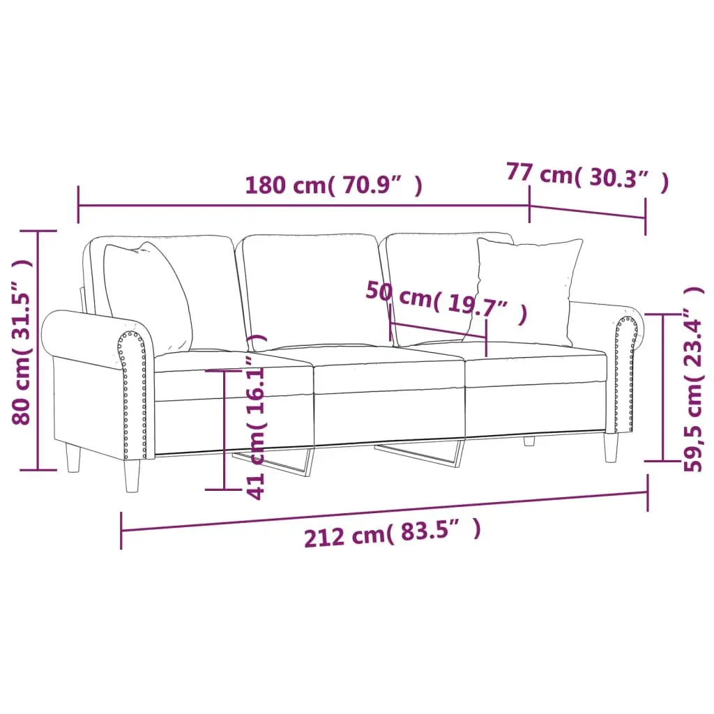 Velvet Couch Black 180cm 3-Seater for Living Room with Throw Pillows