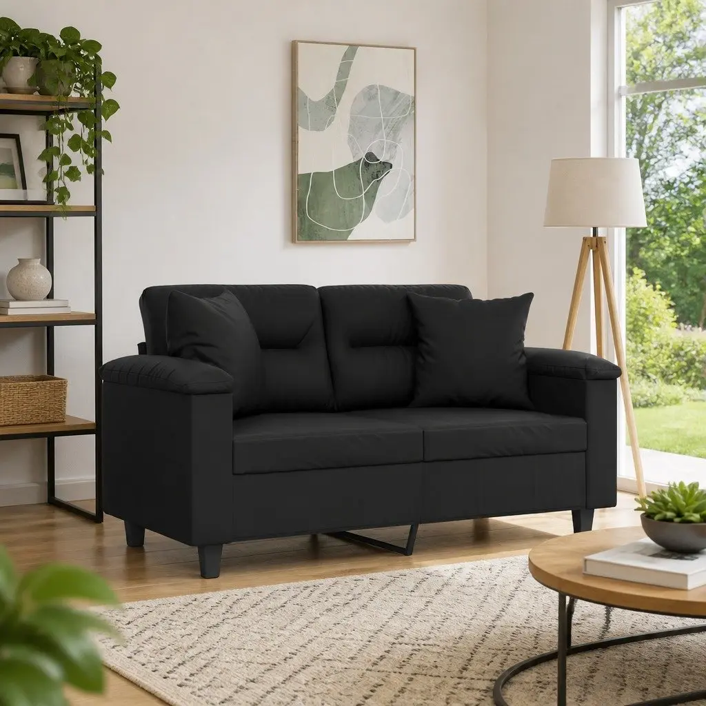 2-Seater Sofa Black Faux Leather for Living Room 120cm with Decorative Throw Pillows