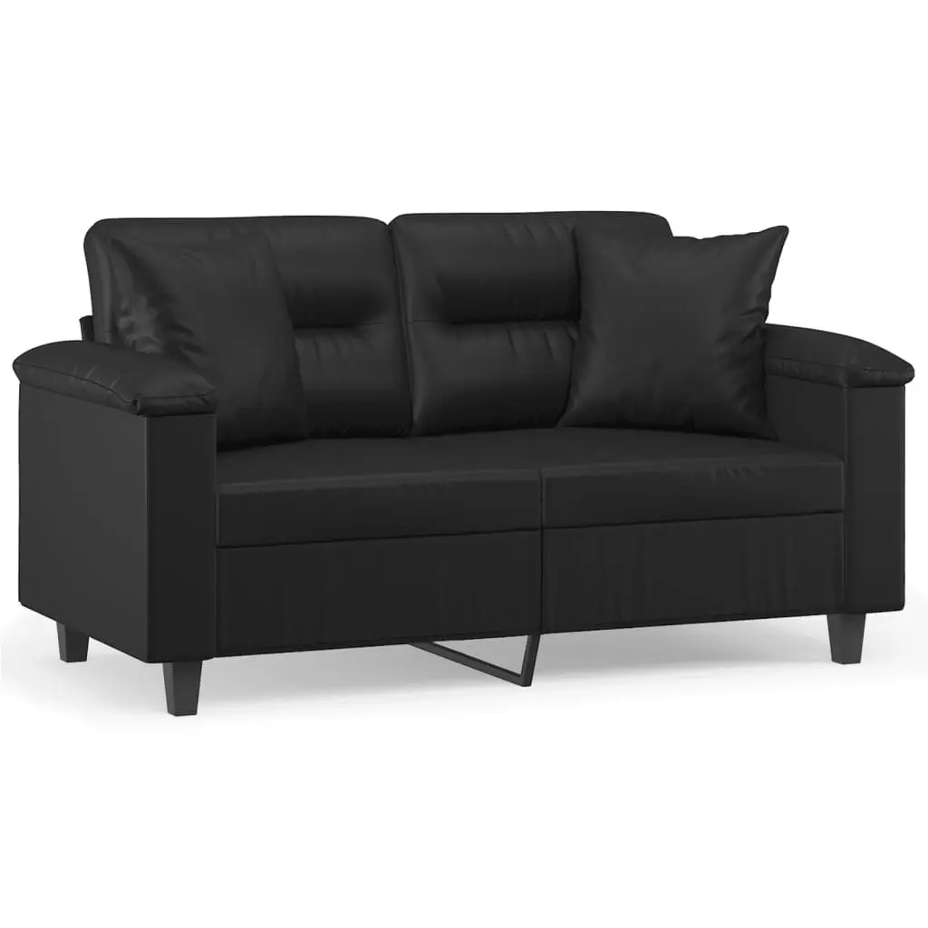 2-Seater Sofa Black Faux Leather for Living Room 120cm with Decorative Throw Pillows