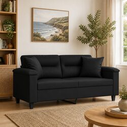 2-Seater Sofa Black Faux Leather Modern Lounge Couch with Throw Pillows 140cm