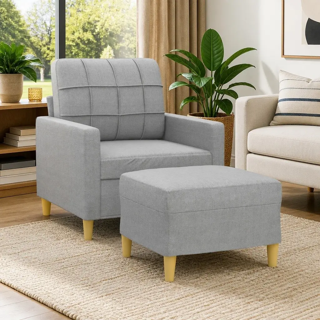 Grey Fabric Sofa Chair with Footstool Compact Armchair for Reading Relaxing Lounge